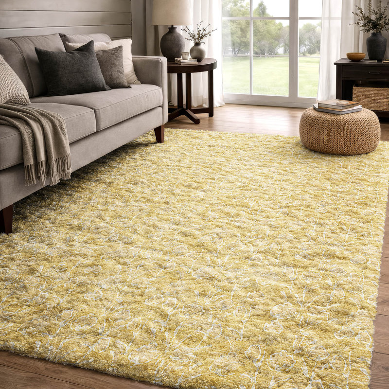 Tapis floral à poil long de qualité supérieure lavable à la machine ADS691, Doré, 5 pi x 7 pi 6 po