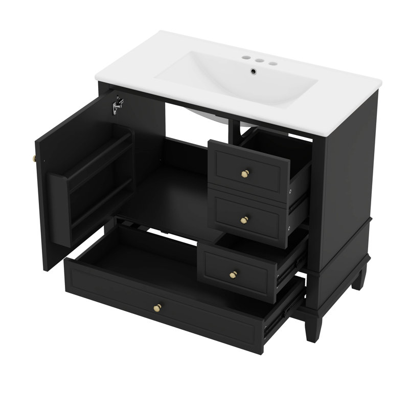 Ensemble de meuble-lavabo 36 po avec lavabo en céramique, tablette, trois tiroirs, Noir