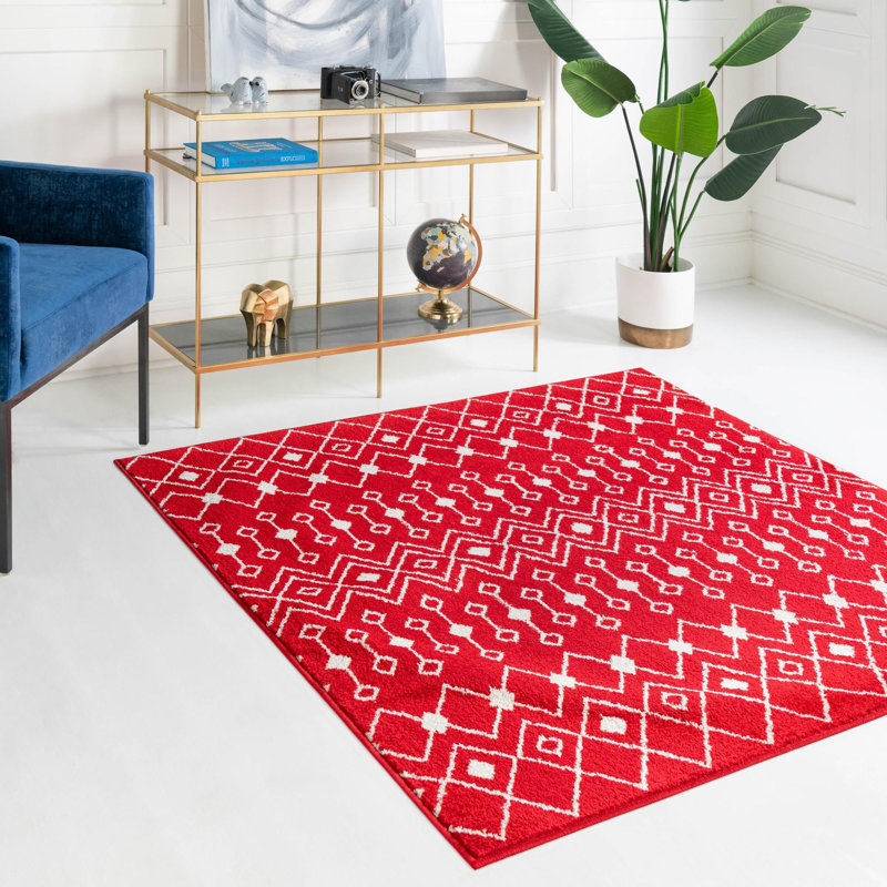Tapis géométrique en chenille / polyester tissé à la machine Briehn - rouge / blanc, Carré 7 pi 10 po