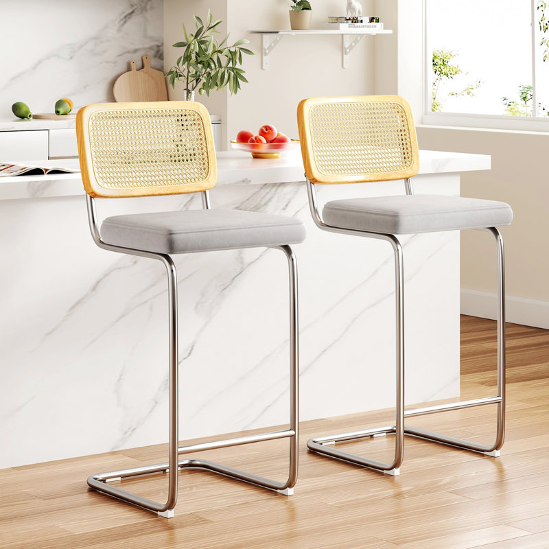 Ensemble de 2 tabourets de bar sans accoudoirs, tabourets de bar rembourrés avec dossier en rotin