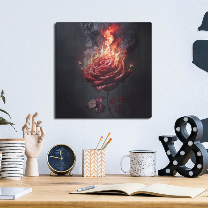 «Red Rose On Fire 1» par Rey Klimt, art mural en métal, H 12 po x l 12 po