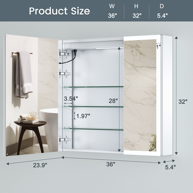 Recessed or Surface LED Mirror Medicine Cabinet, Defogger, Touch Sensor, Dimmer, Outlets and USBs, 32" H x 36" W x 5.4" D