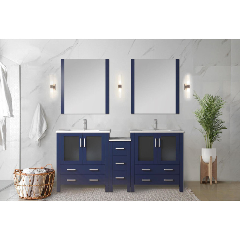 72 po Meuble-lavabo double bleu marine avec armoire latérale, comptoir en céramique blanche, structure en bois massif, tiroirs à fermeture en douceur, deux armoires de rangement intérieures, sept tiroirs de rangement, Scratch et