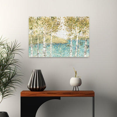 Bouleaux au bord du lac serein, art abstrait de la forêt de bouleaux