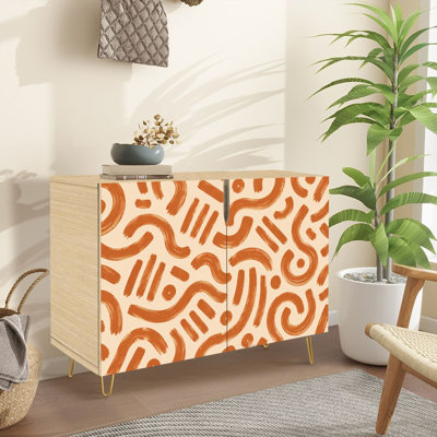 Buffet Buffet avec rangement à motif abstrait orange et beige avec 2 portes pour le salon et la cuisine
