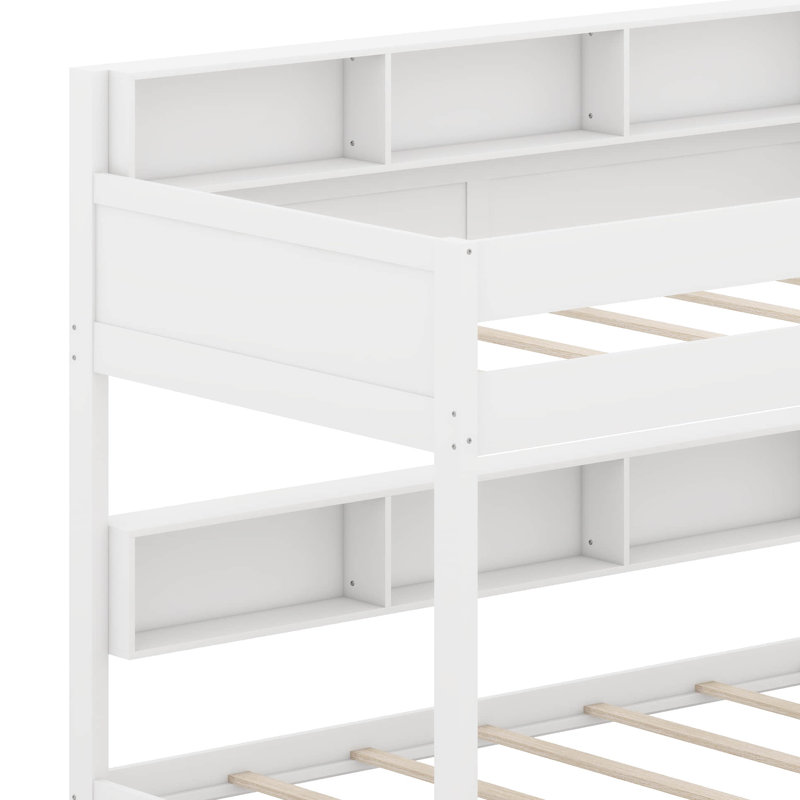 Bunk Bed Frame With Trundle And Storage Shelves, Solid Wood Floor Bunk Bed With Ladders And Guardrails, Twin Over Twin, White