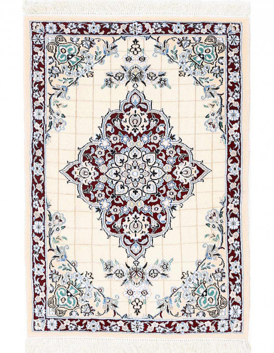 Tapis ivoire / bleu en laine et soie 2 pi 5 po x 3 pi 3 po Emett