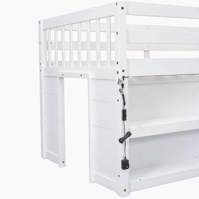 Lit mezzanine bas pour enfant avec tablettes à deux niveaux et DEL, Blanc