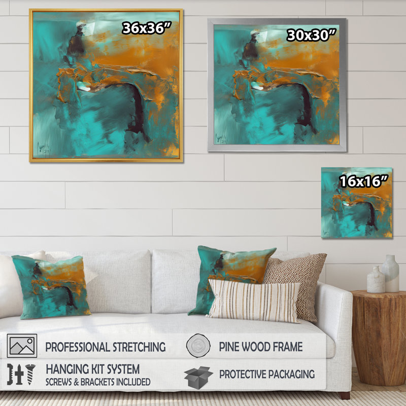 «Becoming the Ocean Sun» abstrait bleu sarcelle et or - reproduction d'art sur toile, H 16 po x l 16 po x P 1 po