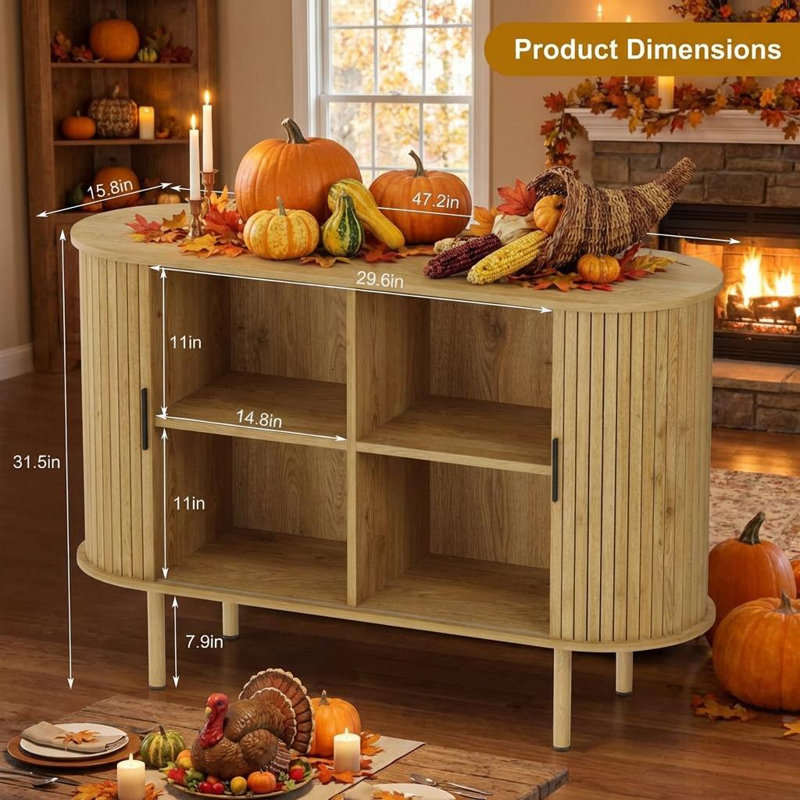 47" Fluted Sideboard Buffer Cabinet with Sliding Doors, Modern Wood Accent Storage Cabinet with Adjustable Shelves, Cabinets Console Table for Living Room, Kitchen, Dining Room, Entryway
