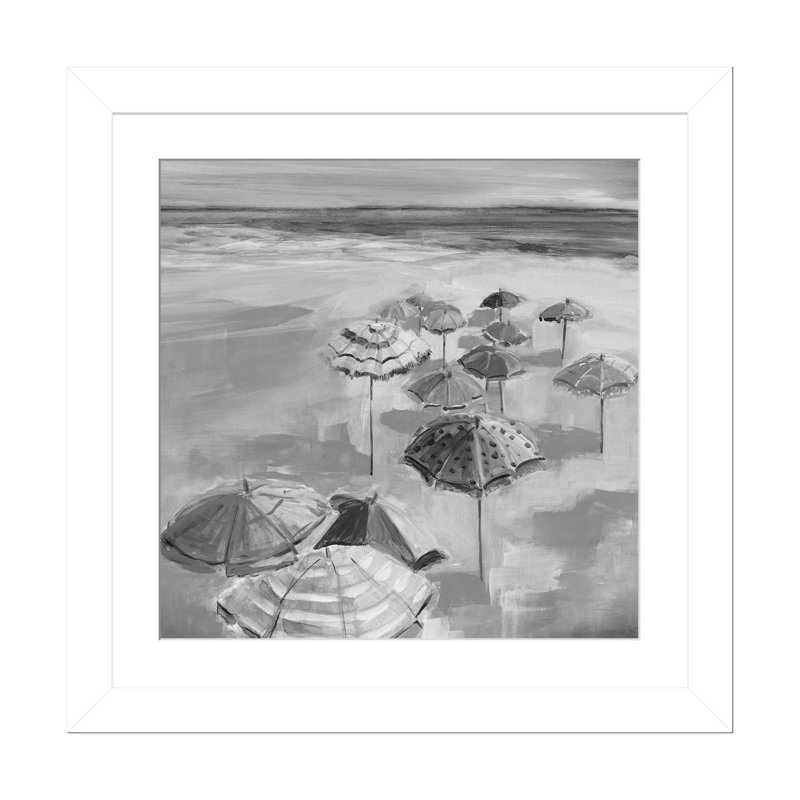 Umbrella Beach I - Black & White, White Open Corner Framed, 16" H x 16" W
