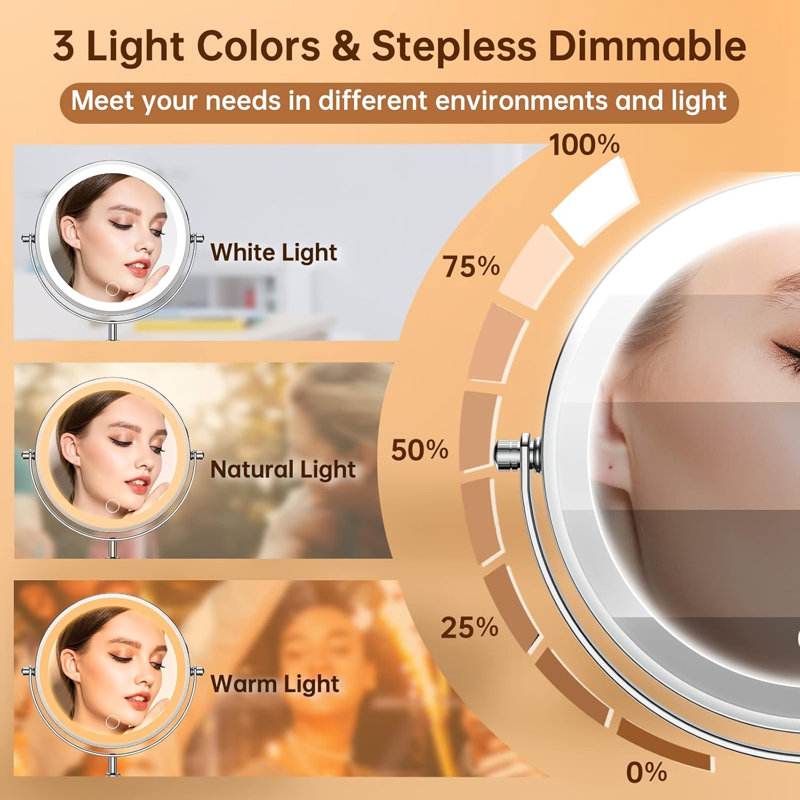 Miroir de maquillage éclairé 7 po avec grossissement 10X / 1X, réglable en hauteur et 3 lumières à intensité variable, miroir de coiffeuse cosmétique à DEL