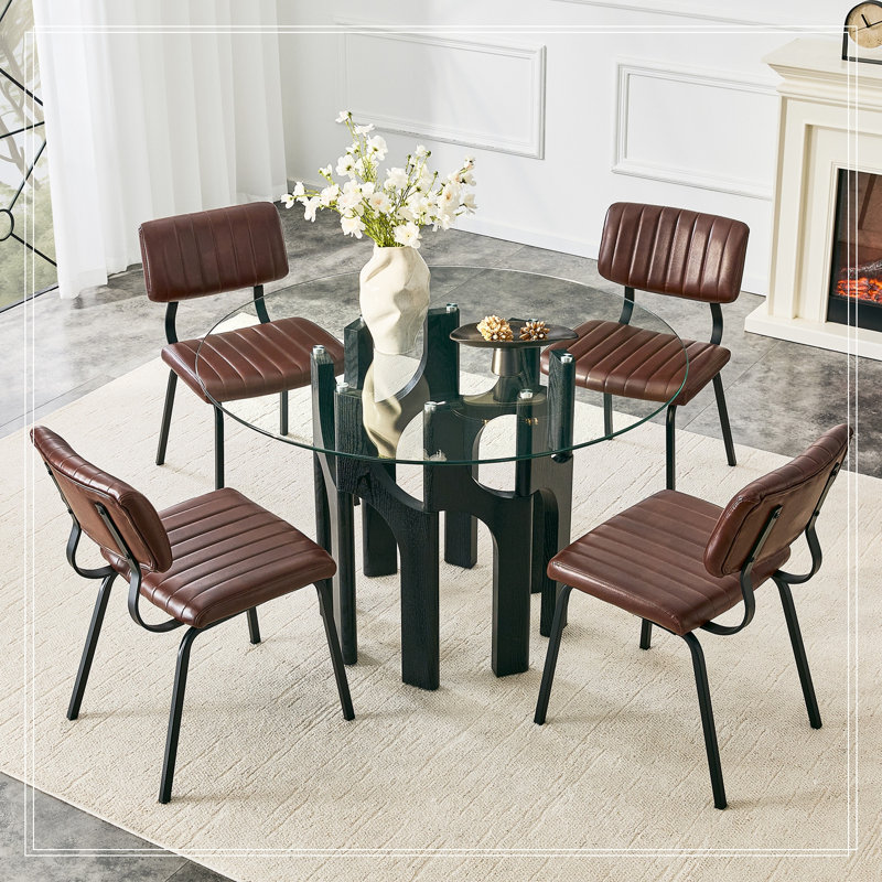 Ensemble Karoline 5 pièces avec table à manger ronde en verre et 4 chaises rembourrées, Brun