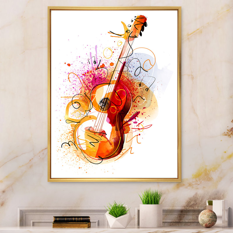 Musique, guitare, dessin abstrait - peinture, H 20 po x l 12 po x P 1 po, Cadre flottant doré
