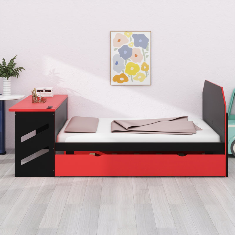 Wood Daybed With Trundle,Desk And USB, Red