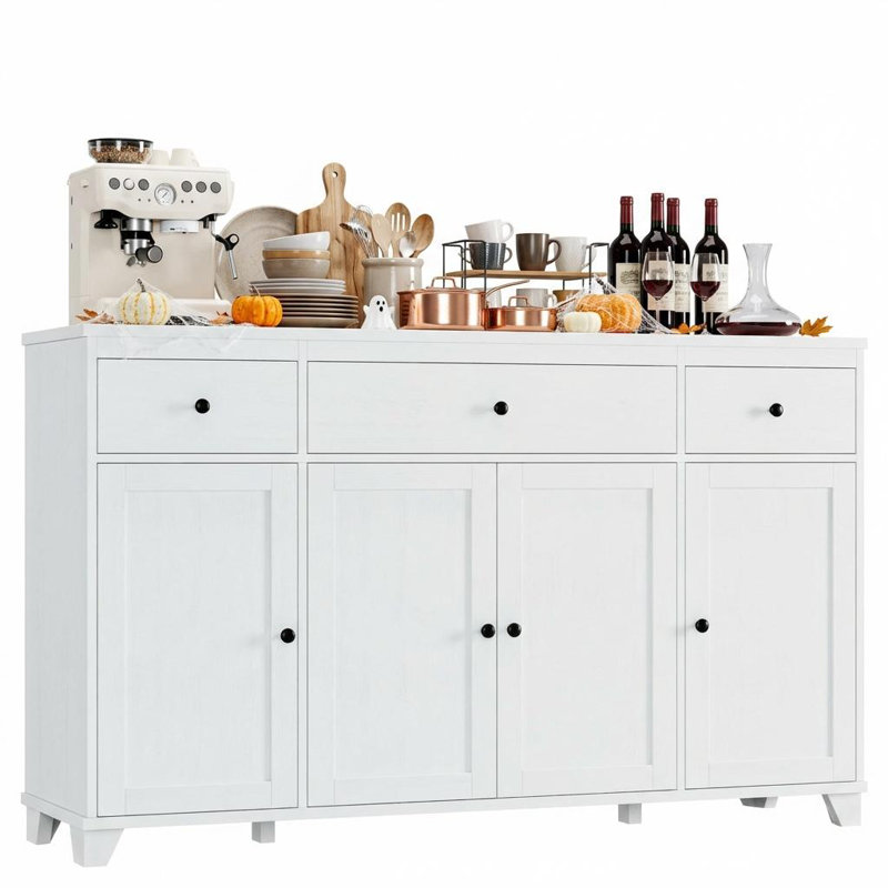 55" Sideboard Buffet Cabinet with Storage, Minimalist Kitchen Storage Cabinet with 3 Drawers & 4 Doors, Farmhouse Buffet Console Table Coffee Bar with Adjustable Shelf for Kitchen