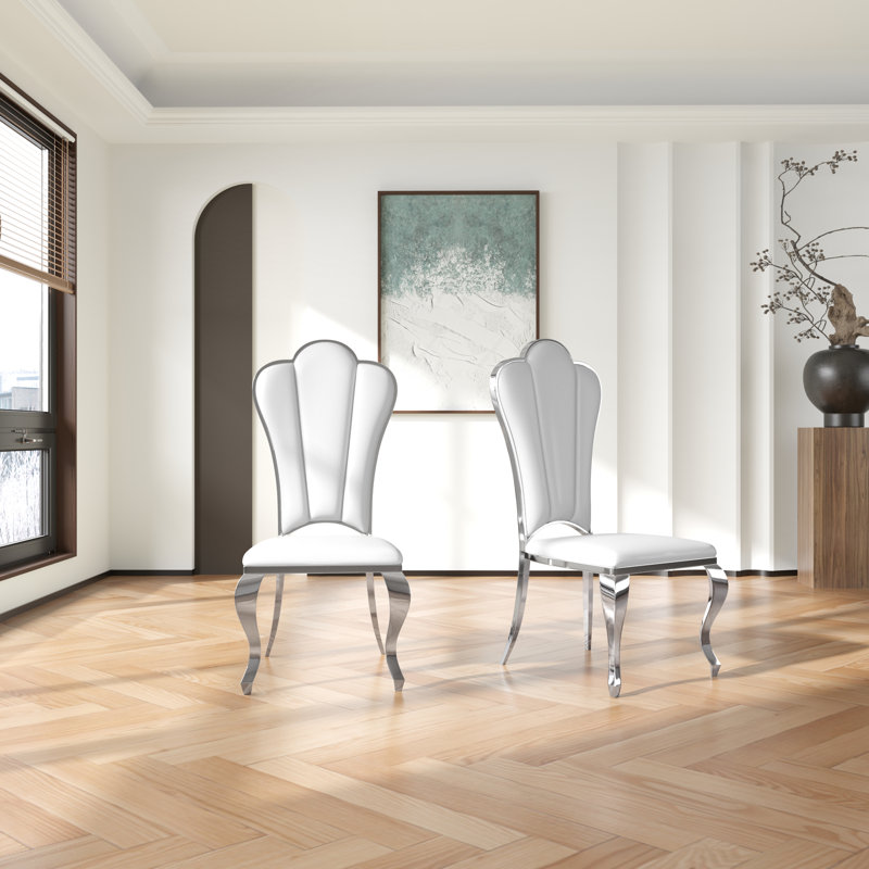 PU Leather Modern Upholstered Dining Chair Side Chair ,Arm Less Accent Chairs With Unique Petal-Shaped Backrest & Stainless Steel Legs Dining Chair