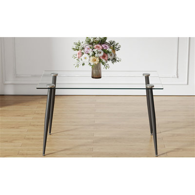 Modern Rectangular Glass Dining Table With Tempered Top And Black Metal Legs, Perfect For Small To Medium Spaces