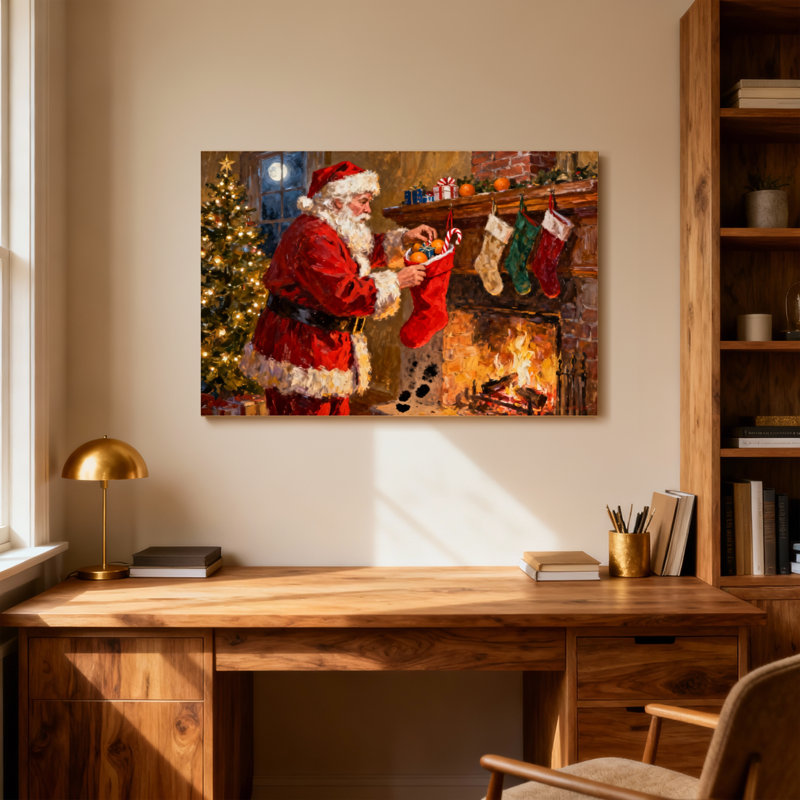 Père Noël remplit un bas de Noël avec une cheminée et un arbre