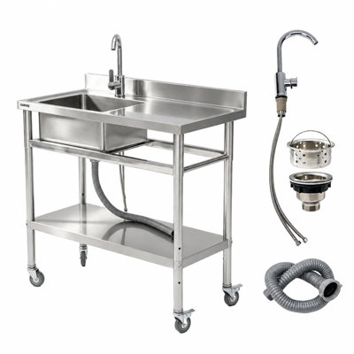 Évier utilitaire mobile en acier inoxydable de 100 cm (39,4 pouces) avec roulettes, bac à vaisselle roulant à une cuve, poste de travail commercial avec étagère de rangement pour la préparation des aliments dans un restaurant, un garage ou un bar extérieur.