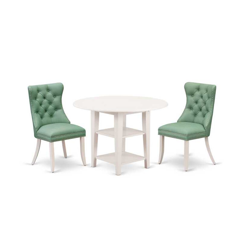 3-Piece Linen White Finish Round Solid Wood Top With Dropleaf Dining Table Set, Green