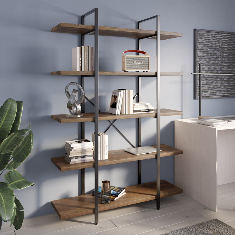 Bibliothèque en métal, Chêne rustique, (5 tablettes) H 70 po x l 47,3 po x p 12,5 po