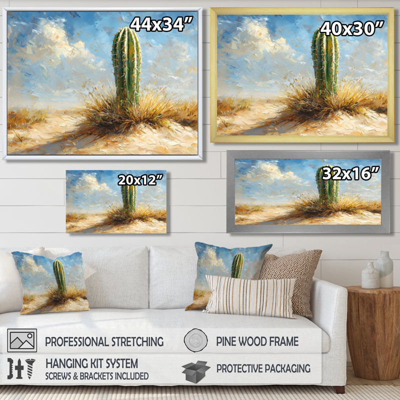 Minimalisme cactus par les dunes II - art mural cactus, H 12 po x l 20 po, Cadre simple, Blanc