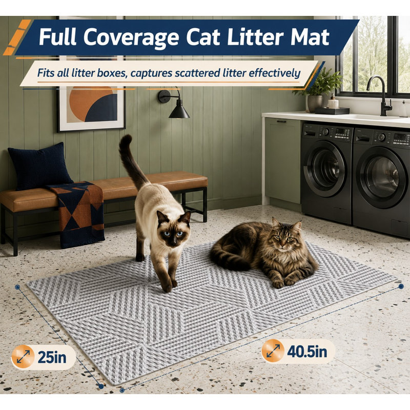 Beige Geo 40 x 25 in jumbo foam litter box mat with extra-large coverage, a paw-soft surface, trimmable construction, BPA-free foam, leak-proof protection, and machine-washable care.