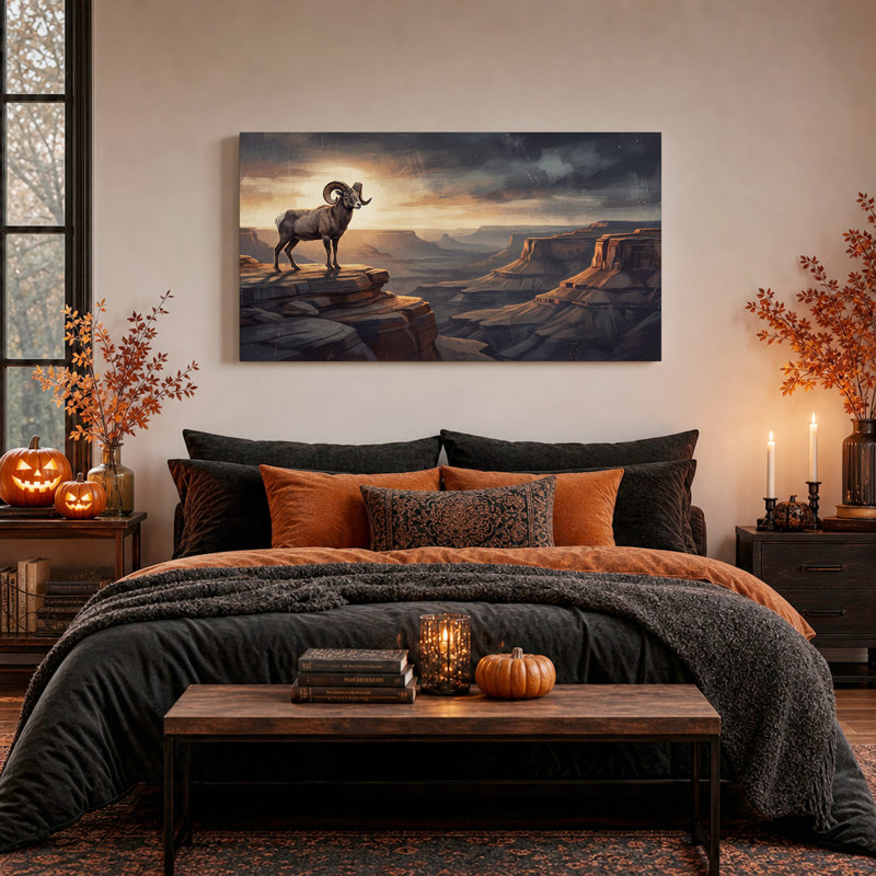 Mouflon d'Amérique sur une corniche de canyon au coucher du soleil - Toile murale d'Halloween, 32“W x 16”H