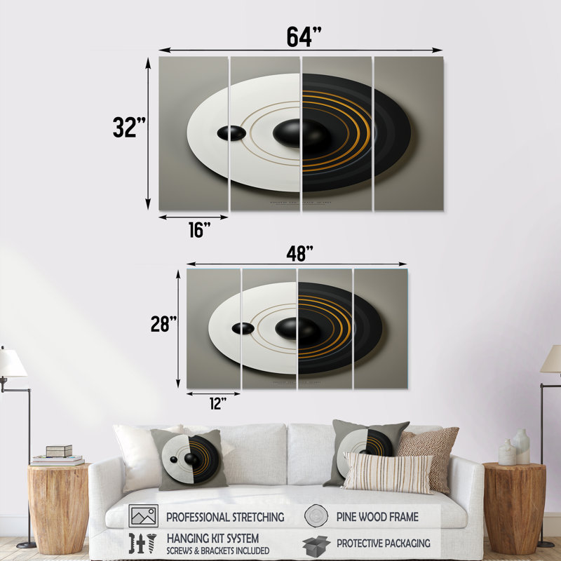 Minimal Glam Zen noir blanc doré - ensemble de 4 pièces d'art mural géométrique, H 28 po x l 48 po