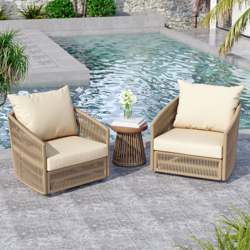 Lenno Swivel Patio Chair Set with Cushions and End Table, Khaki, Khaki