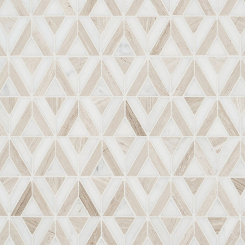 Monroe 8x8 Triangle Polished Marble Mosaic Tile, Beige/White