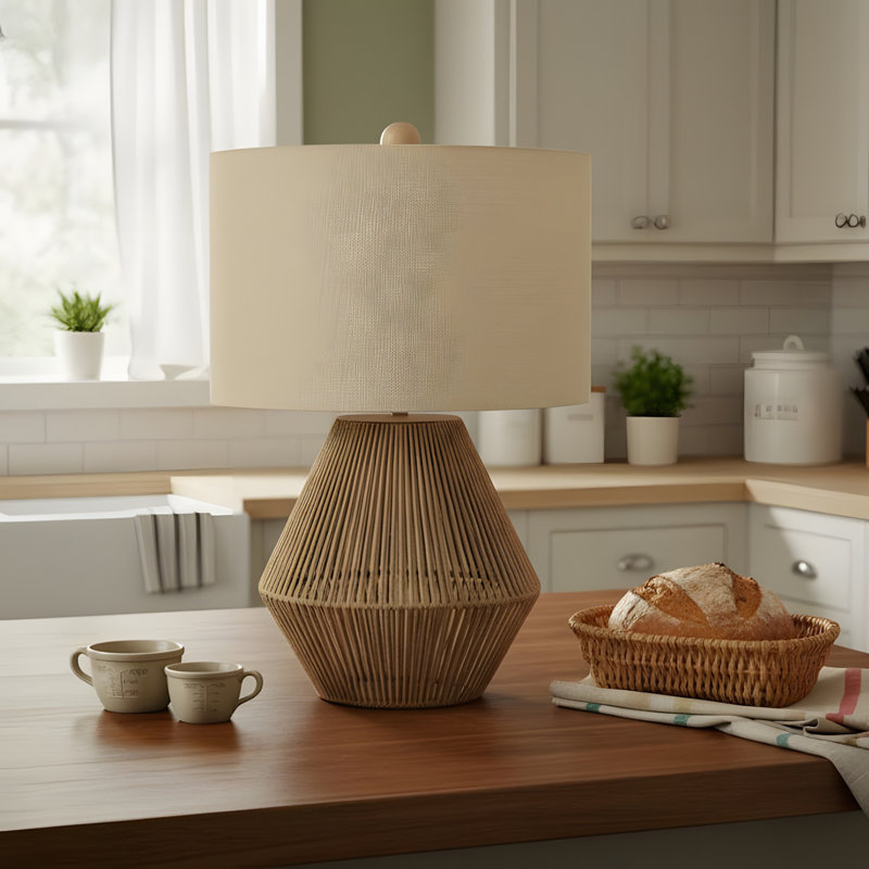 Lighting, h 22 po, lampe de table, corde brune, abat-jour beige, transitionnel