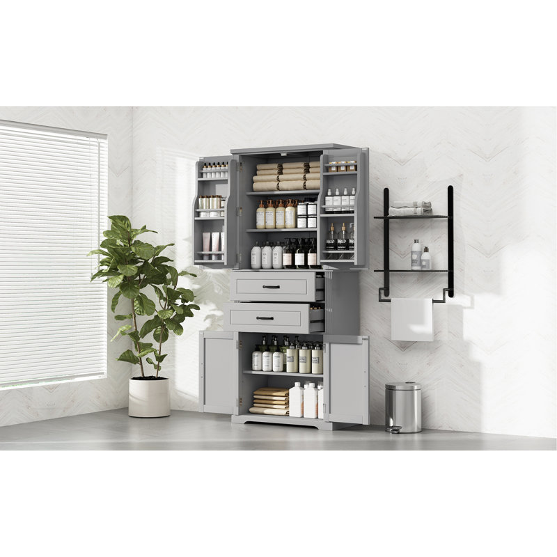 [Vidéo] Armoire de rangement avec espace de rangement multifonctionnel, portes avec tablettes de rangement, 2 tiroirs, tablette réglable, gris