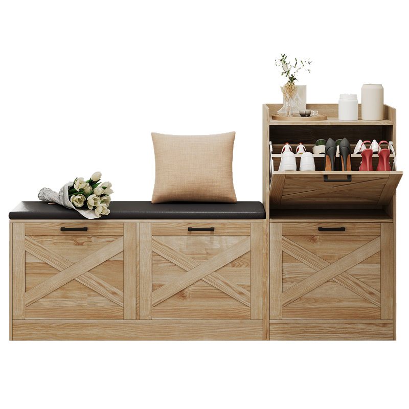 Farmhouse Shoe Storage Bench with 4 Flip Drawers, Padded Seat Shoe Cabinet Organizer for Hallway