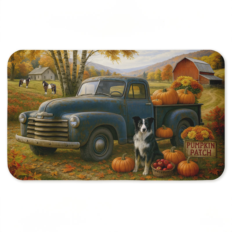 Tapis de cuisine ergonomique et antidérapant Pumpkin Patch Pup avec camion, 18 po x 30 po