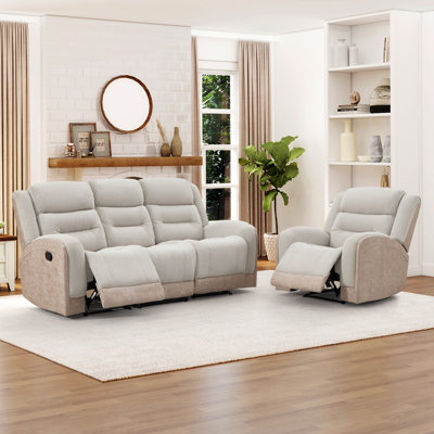 Ensemble de salon inclinable et manuel 2 pièces avec revêtement en cuir et tissu hybride