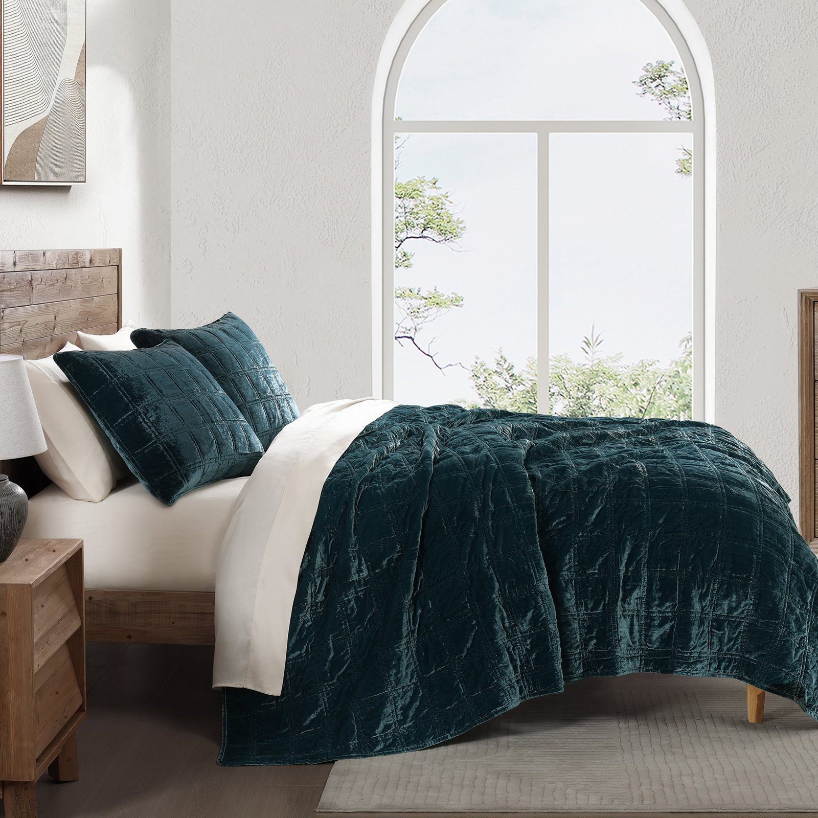 Stella Velvet Quilt Set, King Quilt + 2 King Pillowcases, Storm Blue