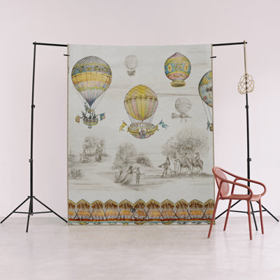 Yellow-Beige Tone Nature-Themed Hot Air Balloon, Tree, and Horseman Patterned Decorative Rug