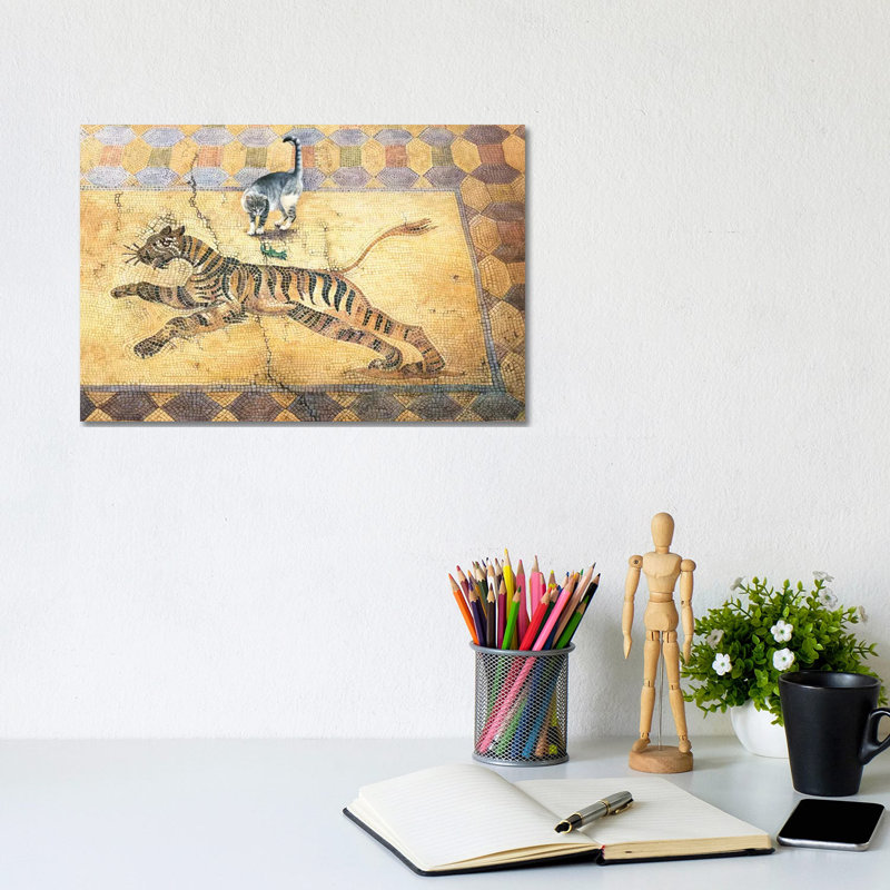 Cat With Lizard And Tiger by Ivory Cats - Wrapped Canvas Print, 20.32 cm H x 30.48 cm W