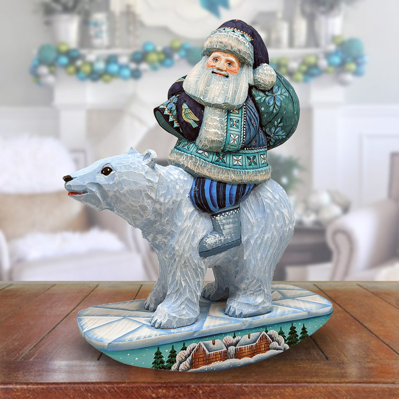 Masterpiece Wood Carved Polar Bear Santa Figurine