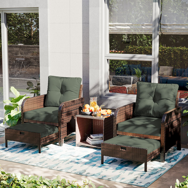 5-Piece  PE Wicker Rattan Rattan Seating Patio Conversation Sets With Ottoman, Green