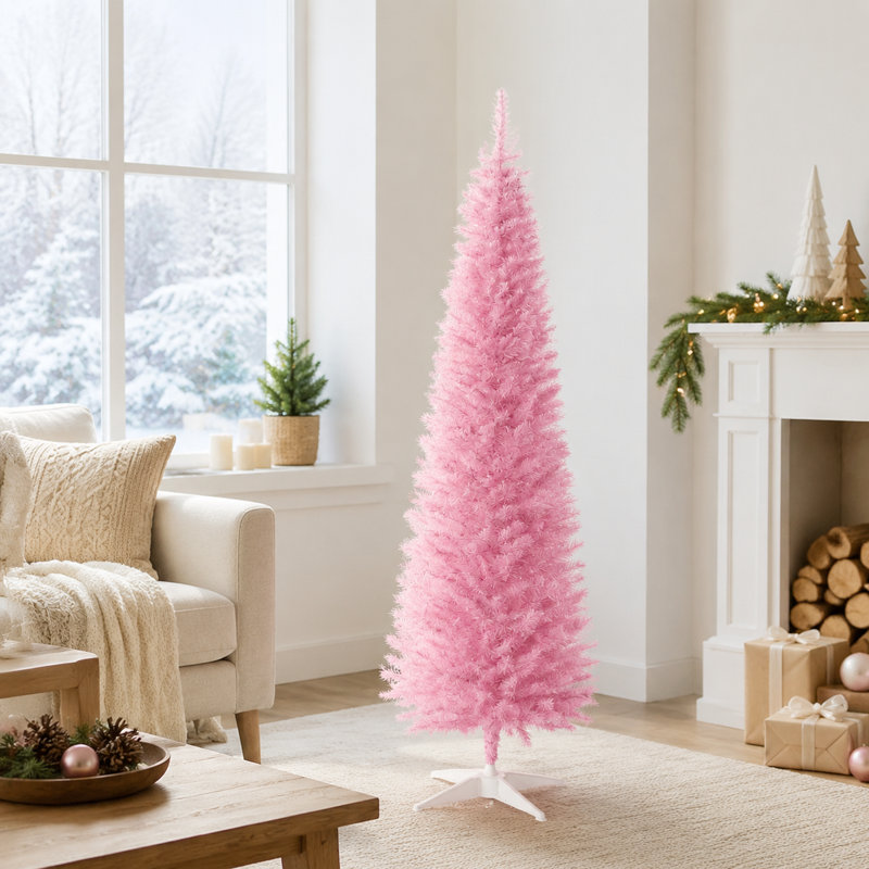 Sapin de Noël artificiel rose de 1,80 m, fin et élégant, avec 390 extrémités de branches, ignifugé, facile à assembler et à ranger.
