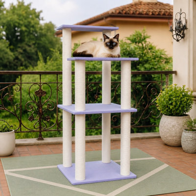 Purple 46-Inch Weatherproof Multi-Level Cat Tower for indoor and outdoor use, built with scratching posts, sturdy waterproof plastic board, and PVC tubes for a durable, easy-clean multifunctional design.