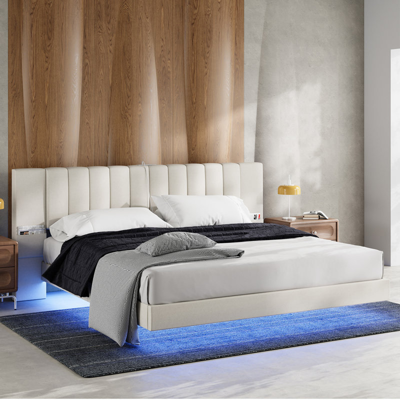 Floating Bed Frame With Wide Padded Headboard & Led Lights
