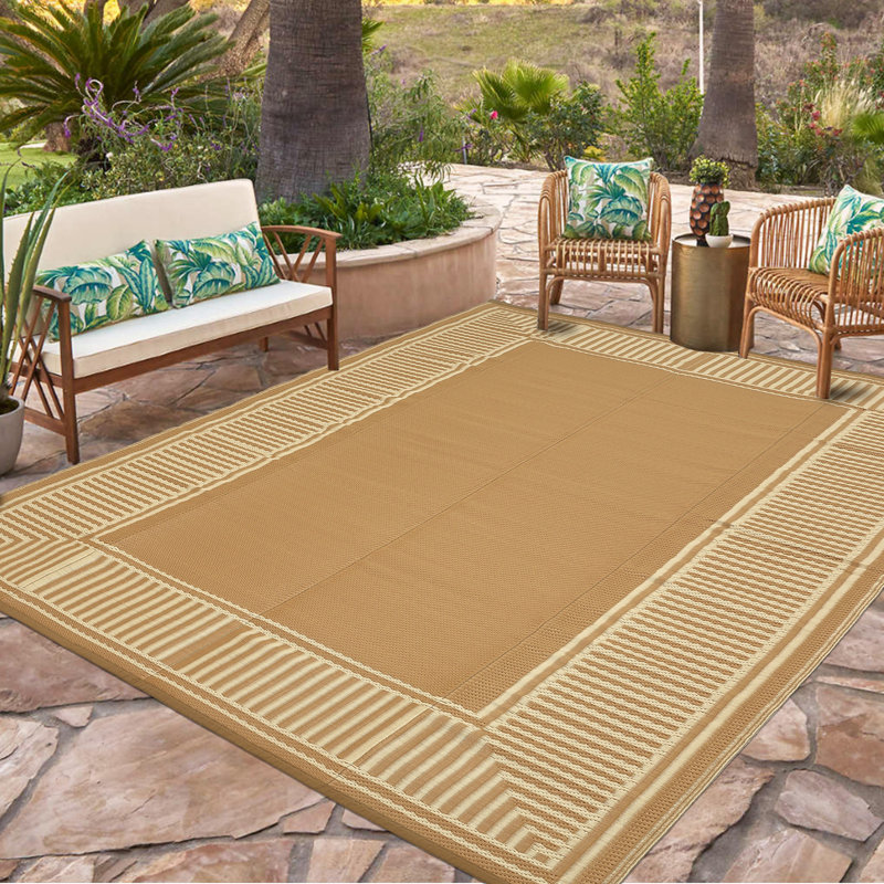 Tapis de paille géométriques imperméables réversibles en plastique pour véranda, Brown, Rectangle 8' x 10'