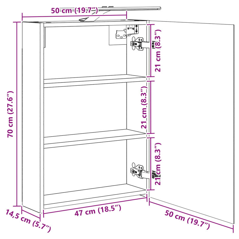  Bathroom Mirror Cabinet With Shelf Wall-Mounted Engineered Wood Storage, White, 70cmH x 50cmW x 14.5cmD