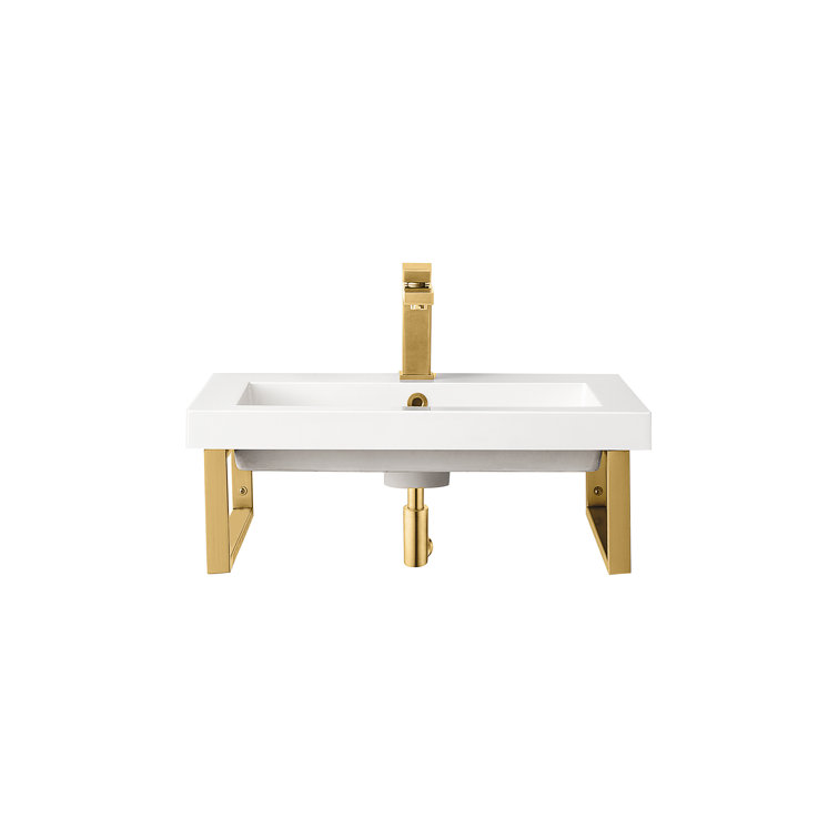 Boston Glossy White Resin Rectangular Wall Mount Bathroom Sink with Overflow