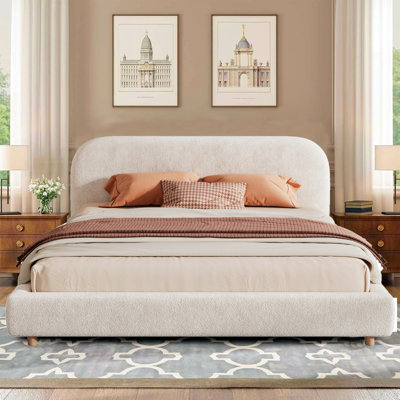  King Size Curve-Shaped Headboard Boucle Fabric Upholstered Bed Frame, With Metal Frame No Spring Box Needing Bed