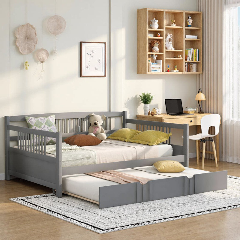 Solid Wood Full Size Daybed with Twin Trundle - Space-Saving Sleeper Sofa, Gray